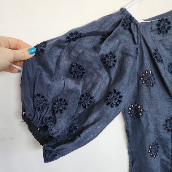 FIGUE Darcy Linen Eyelet Mini Dress 4 Navy Party Fairycore Wedding Cocktail - Picture 6 of 9